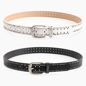 Y2K punk style faux leather belt with double star studs and silver metal buckle
