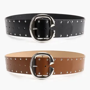 Women's Vintage Punk Double Row Rivet Belt PU Leather Large Metal G Buckle Fashion Accessories for Jeans