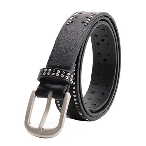 Black Y2K punk belt with double-row silver rivets and star cutouts on litchi leather