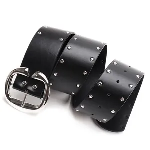 Retro black leather belt with double-row silver rivets and large C-shaped metal buckle