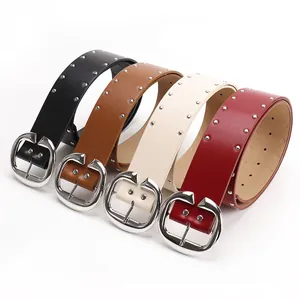 Vintage women's double row rivet belts with silver metal buckle in four classic colors