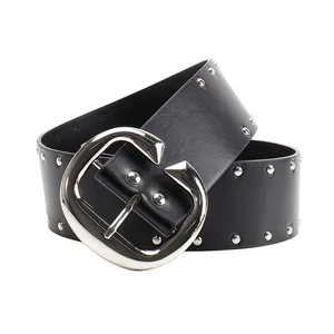 American retro black leather belt with double rows of silver studs and large C pin buckle