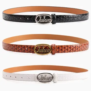 Women's vintage glossy leather belts with diamond patterns in black, brown, and white
