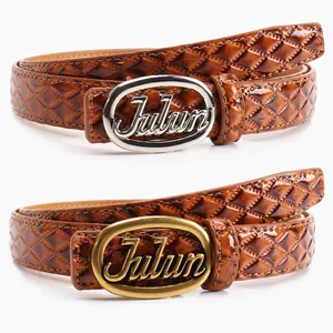 Retro rhombus embossed leather belt with oval Julun buckle for women jeans