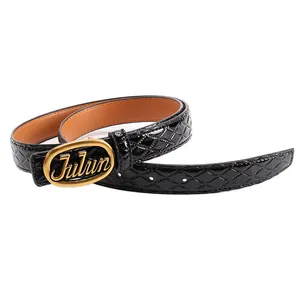 Glossy black quilted leather belt with golden oval buckle for women's denim fashion