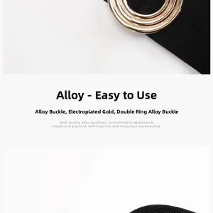 Detail of black elastic waist belt featuring a gold double-circle alloy buckle closure