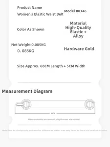 Detailed size chart of women's elastic waist belt with dimensions 66cm by 5cm and gold buckle