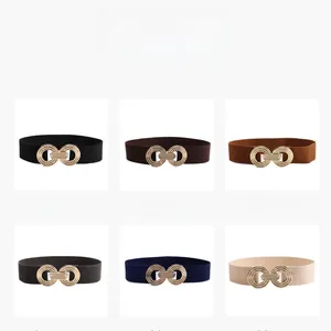Elastic waist belt collection in six colors with gold interlocking buckle for dresses