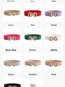 Close-up of elastic waist belts in diverse colors with gold geometric metal buckles