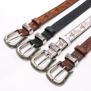 Ceintures vintage en cuir gaufré pour femmes avec boucles en métal gravé en quatre couleurs