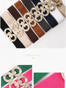 Detail of colorful elastic waist belts with textured golden geometric double ring buckles