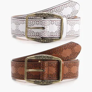 Women Retro Embossed PU Leather Belt With Antique Alloy Buckle Western Cowboy Y2K Style Casual Decorative Waistband