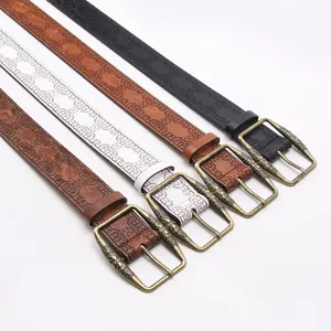 Vintage Y2K embossed leather belts for women with engraved antique bronze metal buckles