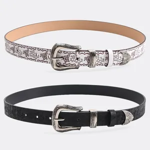 Ceintures vintage bohème en cuir avec boucle ciselée argentée pour jeans de femme