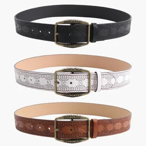 Three vintage embossed leather belts for women with western style bronze buckles