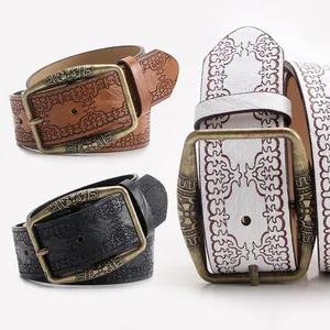 Vintage Y2K embossed leather belts for women with western style brass buckles in three colors