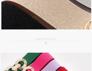 Detail of multi-color elastic waistbands featuring gold geometric round metal buckles