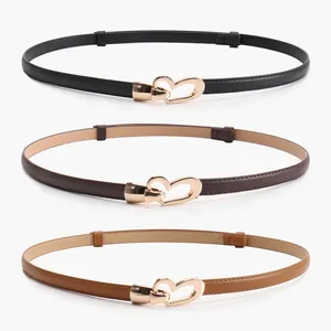 Ceinture Mince en Cuir PU pour Femmes Avec Boucle en Cœur Dorée en Alliage Sangle de Taille Ajustable pour Robe Manteau Accessoires Quotidiens