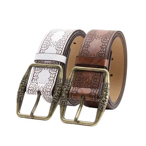 Vintage Y2K embossed leather belts for women with western style floral pattern buckles