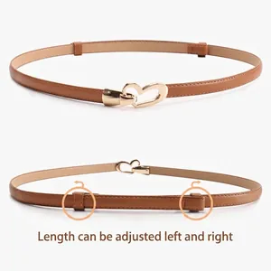 Ceinture ajustable en cuir marron pour femme avec boucle élégante en cœur doré