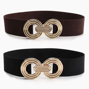 Women Elastic Waist Belt Interlocking Double Ring Gold Alloy Buckle Cinch Waistband For Dresses Coats Fashion Versatile Belt