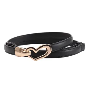 Ceinture fine en cuir noir pour femme avec boucle en forme de cœur creux doré clair