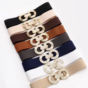Elastic women's waist belts with golden geometric buckles in eight assorted colors