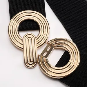 Women elastic black waist belt with gold double circle geometric alloy buckle for dresses