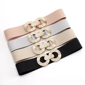 Elastic double-circle geometric gold buckle belts for women in four stylish colors