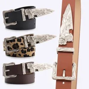 Women's Retro Western Bohemian PU Leather Belt With Engraved Alloy Buckle Leopard Print Fashion Waist Belt For Jeans