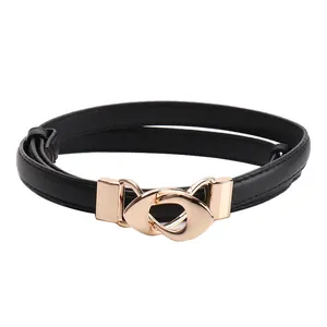 Ceinture fine réglable en cuir noir pour femme avec boucle en métal doré clair