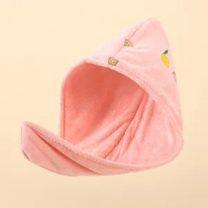 Bonnet de séchage en polaire corail rose avec boutons ours et broderie de citron