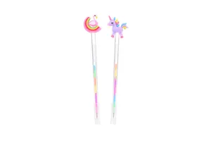 Detail of cartoon unicorn and flamingo toppers on colorful gradient ink gel pens