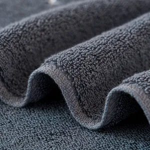 Macro detail of dark grey thick cotton towel showing soft loop pile texture and fine stitching