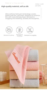 Macro detail of soft cotton towels with Goodness embroidery and dense fiber loops
