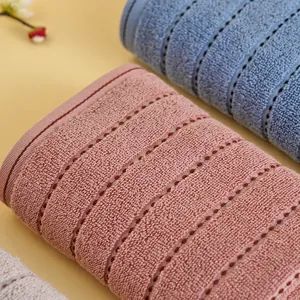 Thick cotton face towel with absorbent textured stripes in pink blue and grey