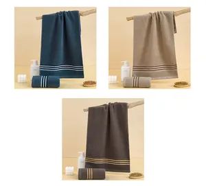 Détails des serviettes en coton en bleu marine, café et gris avec bordure jacquard rayée