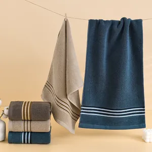 Serviettes en coton absorbant en marine, marron et beige avec bordure à rayures chic