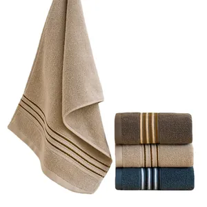 Ensemble de serviettes en pur coton absorbant en kaki, bleu et beige avec bordure rayée