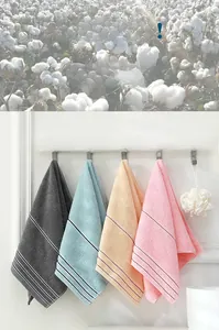 Detailansicht weicher Baumwollhandtücher in Grau, Blau, Orange und Rosa mit Streifen