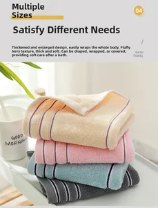 Nahaufnahme dicker Baumwoll-Badetücher mit Streifen in Beige, Rosa, Blau und Grau
