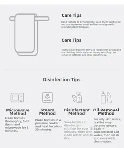 Detailed infographic showing cotton bath towel care and disinfection guide with clean icons