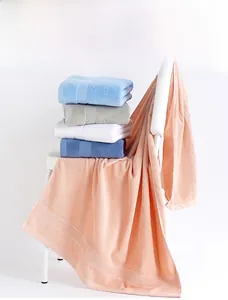 Detailed stack of thick cotton towels in blue and white showing soft woven texture