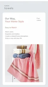 Detail of four thick cotton towels in pink, blue, beige and brown with woven edges
