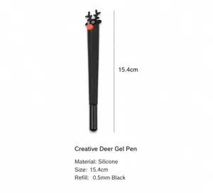 Detail of 15.4cm soft silicone reindeer pen showing dimensions and 0.5mm black ink tip
