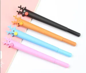 Close-up of four cute cartoon reindeer gel pens with 3D antlers in vibrant colors