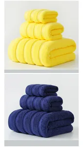 Set di tre asciugamani in cotone spesso con larghe strisce orizzontali gialle e blu navy