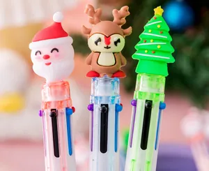 Close-up of 10-color retractable Christmas ballpoint pens with Santa and Reindeer toppers