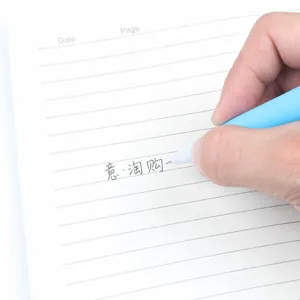 Cute cartoon deer neutral pen in light blue writing on a white lined notebook