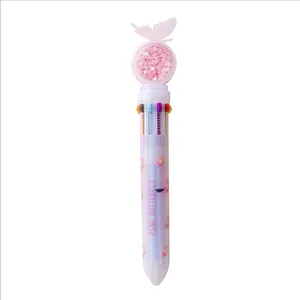 Penna a sfera multicolore 10 in 1 rosa con farfalla e paillettes scintillanti
